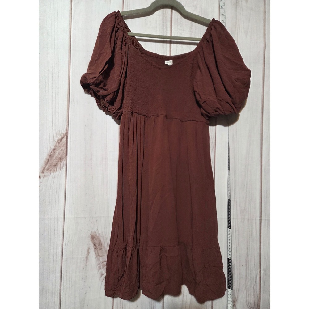 Maurices Smocked Puff Sleeve Square Neck Midi Dress‎ Rust Brown Size L